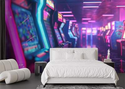 Virtual Arcade: Rows of retro arcade cabinets with bright screens Wall mural