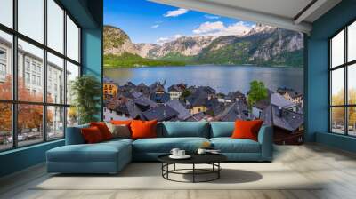 Hallstatt Austria, Nature landscape panorama of Hallstatt village with lake and mountain Wall mural