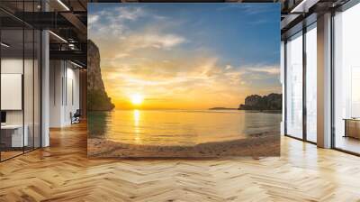 Tropical islands sunset view with ocean sea water and sand beach at Railay Beach, Krabi Thailand nature landscape panorama Wall mural