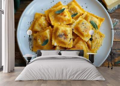 Neatly Arranged Agnolotti on a White Plate Wall mural