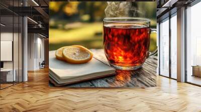 A glass of steaming hot tea with fresh lemon slices next to an open notebook on a rustic wooden table, perfect for cozy, outdoor, and lifestyle themes Wall mural