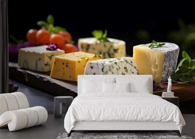 A selection of gourmet cheeses displayed on a rustic wooden board with herbs and cherry tomatoes. Wall mural