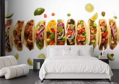 An array of assorted tacos, each filled with different ingredients like grilled chicken, spicy beef, and fresh avocado slices, isolated on transparent background Wall mural