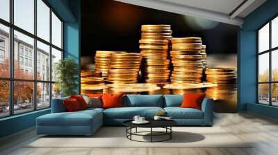 stacked golden coins shining under light on a reflective black surface, highlighting wealth, success, and financial concepts with a blurred background for focus. Wall mural