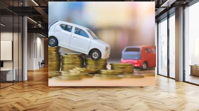 Car and stack of coin. Saving money for car concept. Car finance, buy car new concept. Wall mural