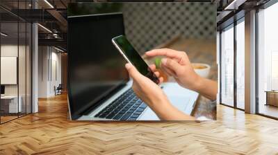 Man showing of blank screen smartphone while working Wall mural