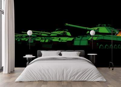 Horizontal banner with advancing army of tank columns with green coloring and long barrel for firing projectiles at enemy. Heavy artillery equipment. Vector isolated on black background Wall mural