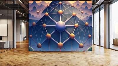 Intricate web of interconnected nodes, representing a sophisticated network system, modern connectivity infrastructure in a digital landscape Wall mural