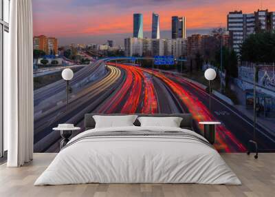 M30 highway with Madrid skyline (Four towers business area) as background, Spain Wall mural