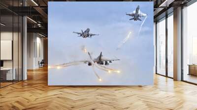 Jet fighters firing chaff flare during training Wall mural