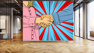 Business people shaking hands, meaking a deal, finishing up a meeting - comic book style, cartoon vector illustration. Wall mural