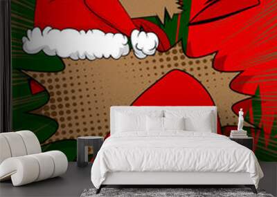 Cartoon Santa Hat, comic book Christmas, Holiday. Retro vector comics pop art design. Wall mural