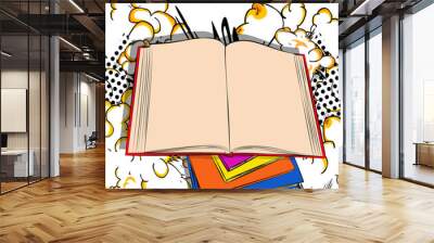 Close up illustration of opened textbook with blank pages, placed on other closed books - comic book style, cartoon vector illustrated. Wall mural