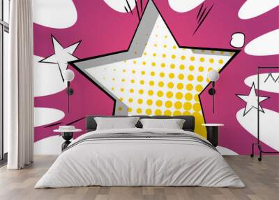 Vector illustrated retro background with big star filled with comic book effect, pop art vintage style backdrop. Wall mural