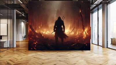 AI generated Illustration of a Warrior in a Fiery Battlefield Wall mural