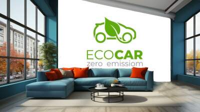 Eco car logo template. Green car icon. Green leaf and car sign.  Environment protection transport symbol. Wall mural