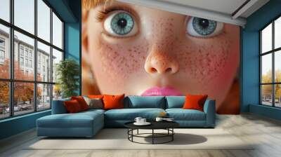 Absolute fear facial expression on a dolls face close-up animation style Wall mural