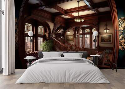 Dark gothic mansion victorian style interior with staircase and lamp holders design Wall mural