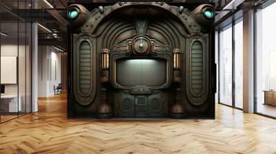 Dark sci-fi art deco victorian theater hall interior full of mechanical steampunk decoration and retrofuturistic television screens on stage design illustration Wall mural