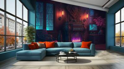 Gothic mansion sci-fi victorian living room interior with wooden wall design illustration	 Wall mural