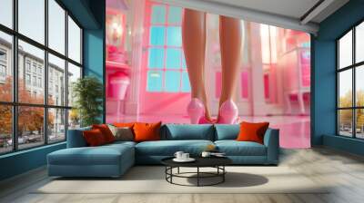 Wearing high heels on a pink kitchen interior floor back view in toy world animation style close-up Wall mural