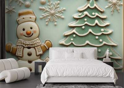 ceramic tile of a beige Christmas gingerbread, tree and snowman Wall mural