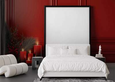 christmas mockup, blank poster on black frame around with christmas tree and candles, on red background Wall mural