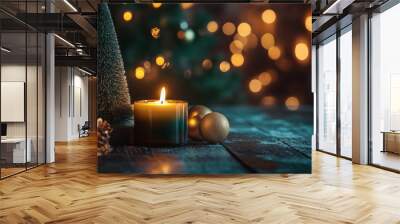 Christmas wooden table mockup with christmas-tree, balls, candles and lights with green background. Festive template banner with creative bauble decoration  Wall mural