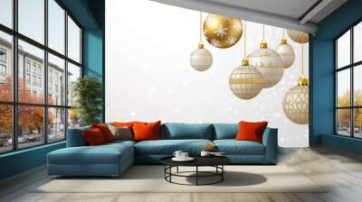 Golden Christmas balls light white background. Festive xmas decoration gold glass christmas balls and glossy snowflake, stars, hanging on the ribbon. Wall mural