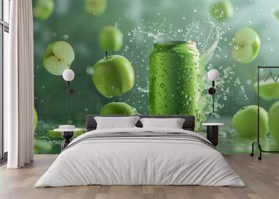 green apple falling into water, Tall green silver can, closeup. Space for design, green Wall mural