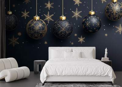 Merry christmas greeting vector design. Christmas balls hanging with black, glitter, shiny and glossy elements in snowflakes pattern elegant background. Wall mural