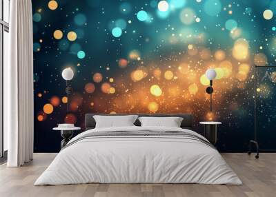 shimmering yellow texture with scattered cyan accents, Abstract luxury background, bokeh effects and sparkles. Wall mural