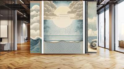 Set of vintage illustrations of sea waves, sun and clouds. Wall mural