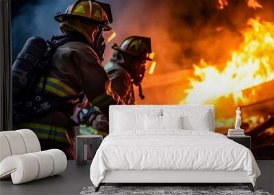 Photo of a group of firefighters battling a blazing fire Wall mural