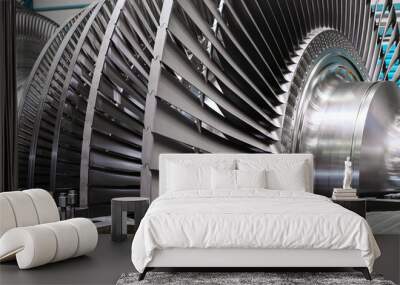 Rotor with blades of powerful steam turbine in workshop Wall mural