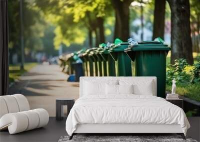 Separate green trash cans lined up along the side of a road Wall mural