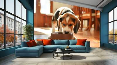 A Beagle puppy eagerly eating from a brown bowl in a well-lit dining room Wall mural