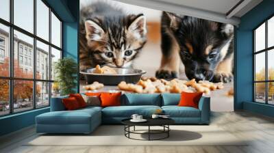 A close-up of a kitten and puppy eating together on an isolated solid background, set in the corner of the image Wall mural