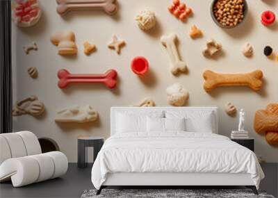 Pet accessories and food of different shapes, set against a light isolated background Wall mural