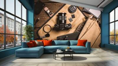 photography gear on wooden table Wall mural