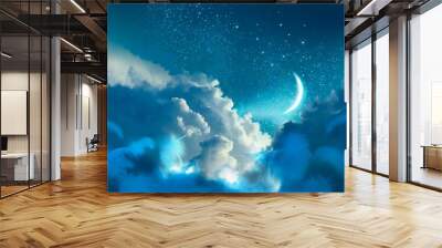 Illustration of mysterious background of blue night sky with fluffy white angel wings and colorful clouds.  Wall mural