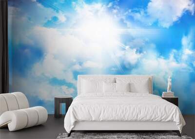 Illustration of the mysterious sky leading to the heaven and the divine light shining through a gap in the sea of clouds Beyond the falling white Wall mural