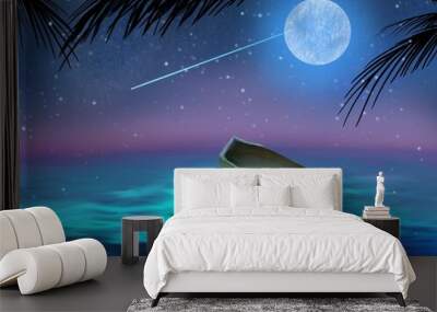 the floating boat in blue ocean and beautiful moon light Wall mural