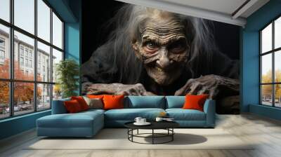 A scary ugly witch stands in an abandoned witch's den. Halloween. Scary tales. Wall mural