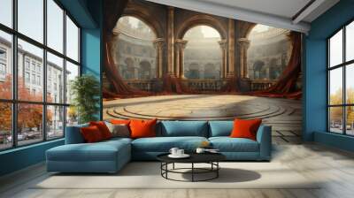 Ancient Rome, old stone podium with curtains, background with antique columns. Wall mural