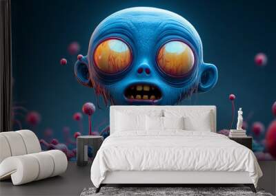 Blue baby zombie with yellow eyes and dark red round ears, surrounded by blue microorganisms, 3D art style. Wall mural