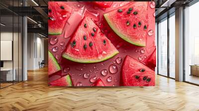 Delicious fresh watermelon slices as background. Top view. Wall mural