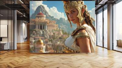 Greek Goddess protecting an ancient greek city. Wall mural