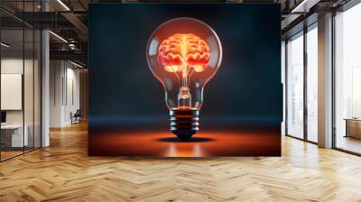 Human brain glowing inside of light bulb concept. Generative AI Wall mural