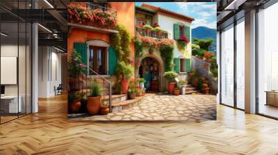 Italian house front with colorful potted flowers. Generative AI Wall mural